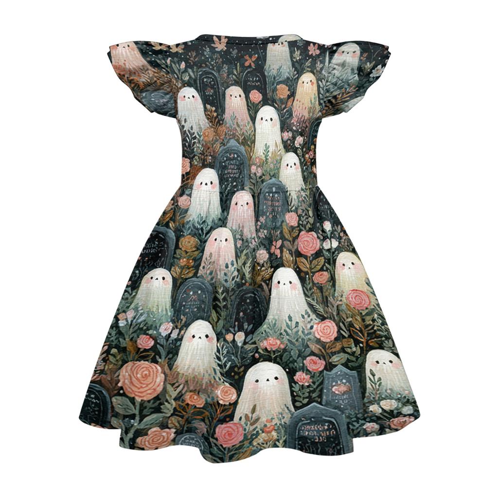 Girls Halloween Dress Flutter Sleeve Ghost Print Patchwork Skater Dress Kids Casual Party Dress with Round Neck and Short Sleeves