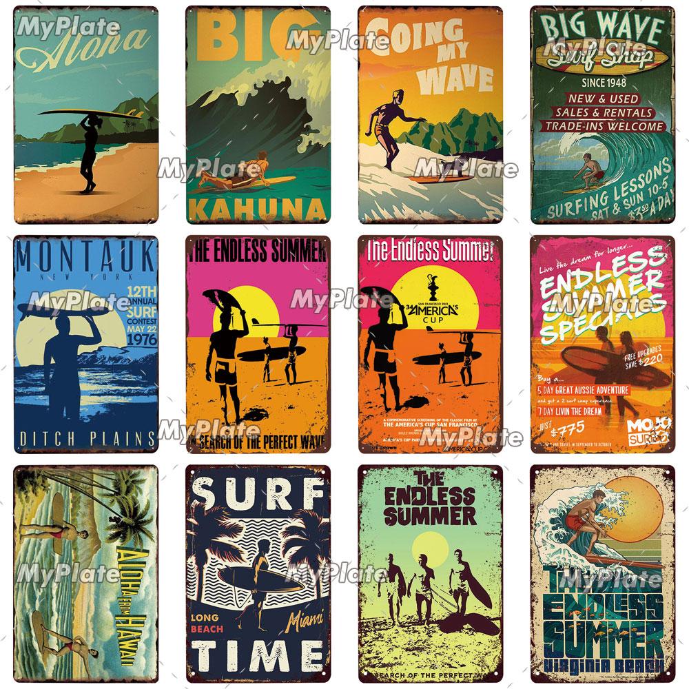 Surf Shop Vintage Metal Signs Decor Rust Tin Sign Wall Art Stickers Hawaii Poster for Bar Pub and Club Room Wall Art Decoration