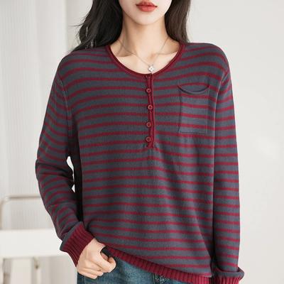 Women's Long Sleeve Striped Knit Sweater Loose Casual Round Neck Bottom Shirt