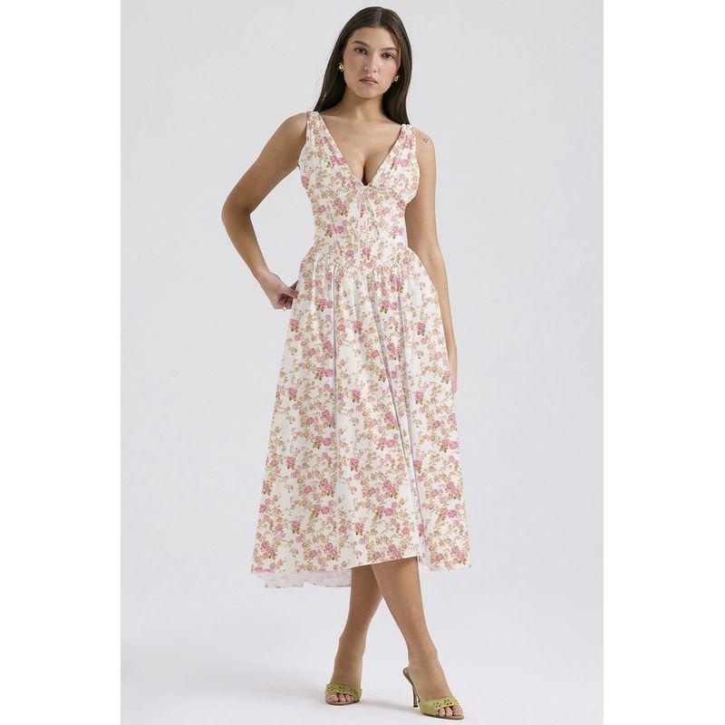 

Strap Dress 2025 Summer New Arrival Silm Suspender Dress European American Fashion Floral Print V Neck Elegant Dress Small red flowers on white background S