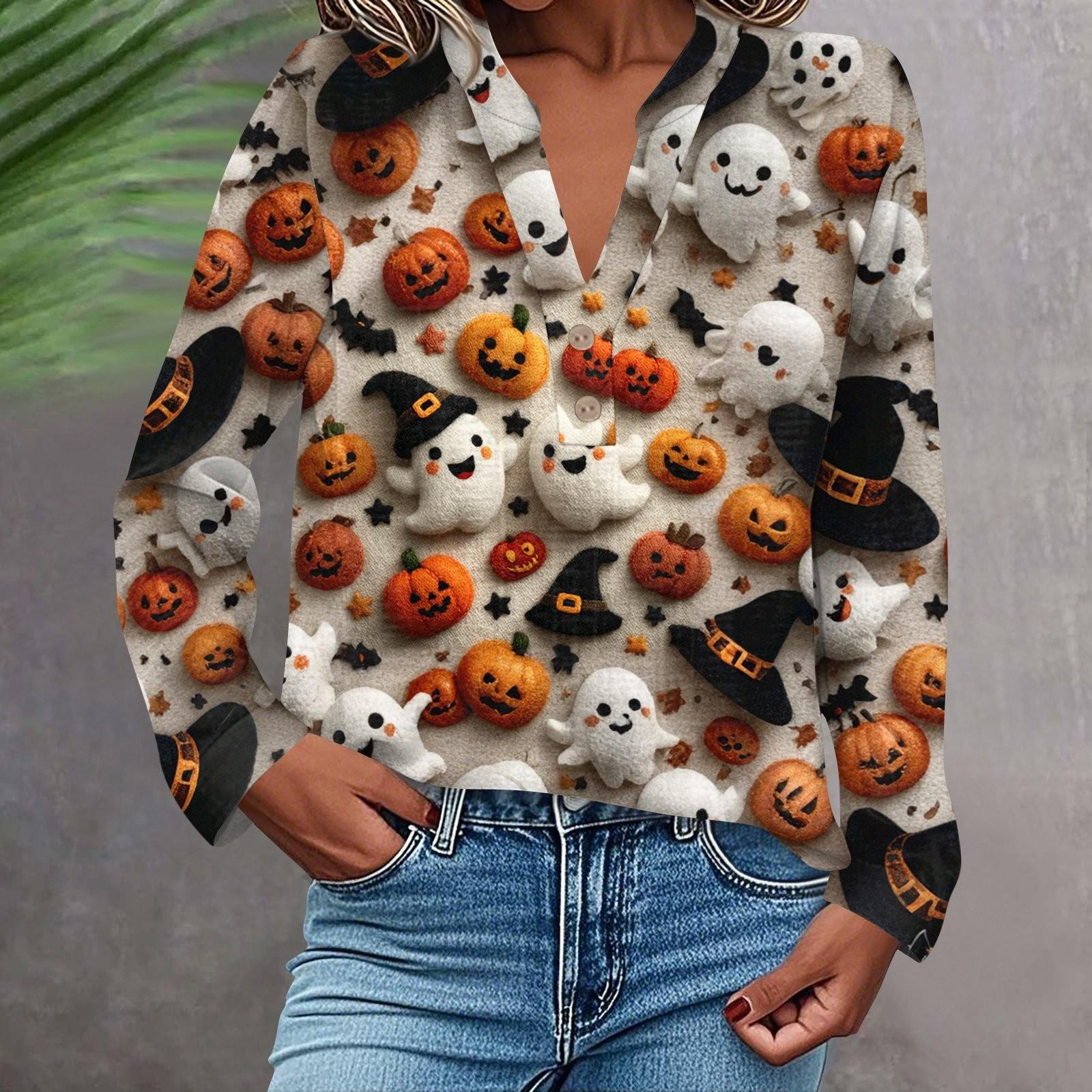 

Женская модная и повседневная рубашка с длинным рукавом, V-образным вырезом, на пуговицах, с принтом, блузка, топ S