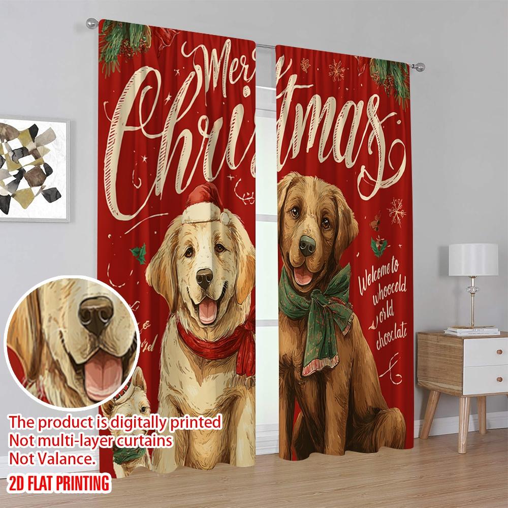 2 Stück, 2D-Flachdruck Beliebte Vorhänge 3 Festliche Hunde_ Schneeflocken Strapazierfähiger 100% Polyesterstoff (ohne Stange) Vielseitig für alle Anwendungen