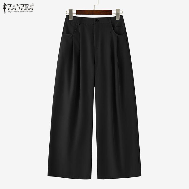 ZANZEA Women High Zip-up Waist Casual Casual Office Wide Leg Pants Trousers Nonelastic