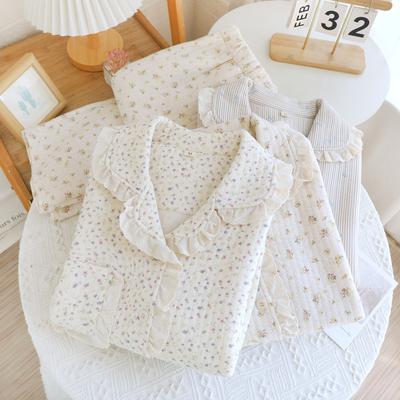 New Pajamas Autumn and Winter Air Cotton Interlayer Pastoral Floral Can Be Worn Outside Warm Clothes Thickened Loungewear Set
