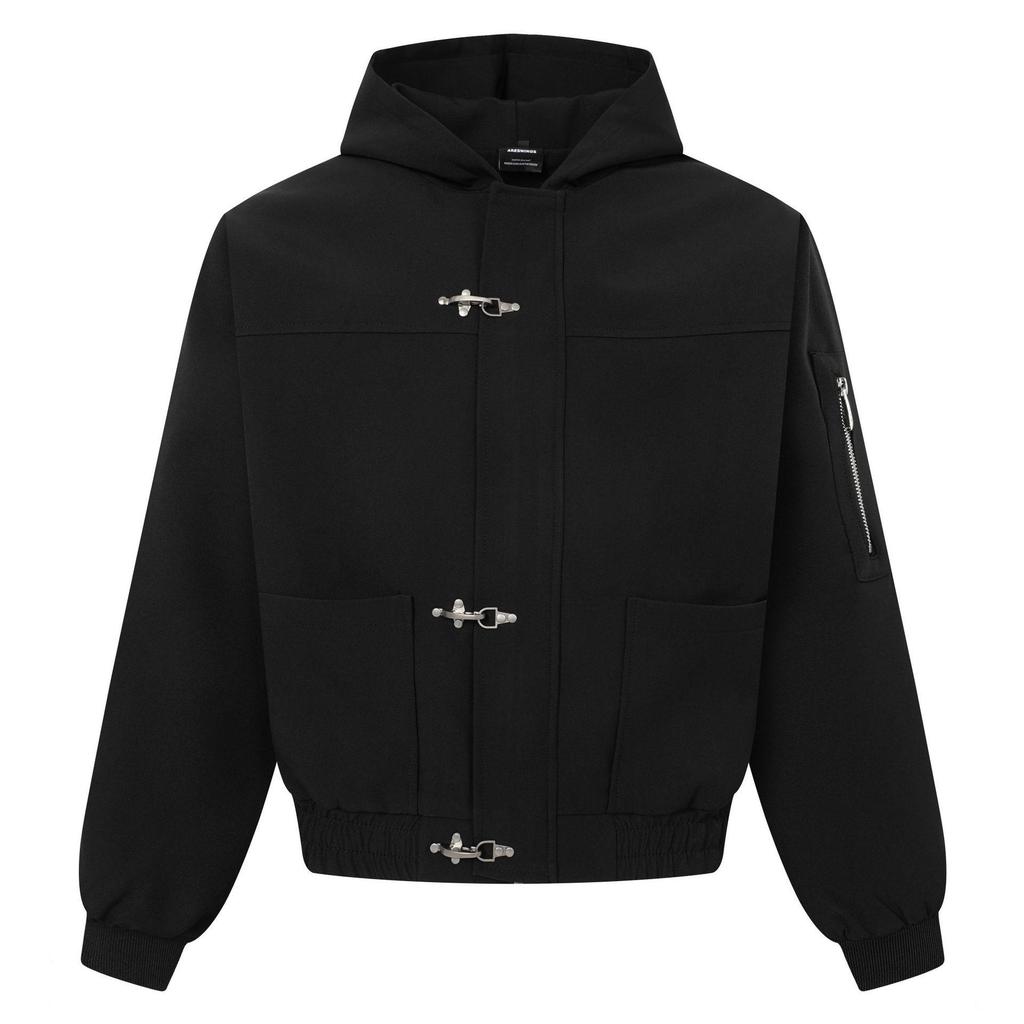 ARES Men's Hooded Jacket: Minimalist Deconstructed Metal Buckle, Autumn Loose Fit, Functional Style