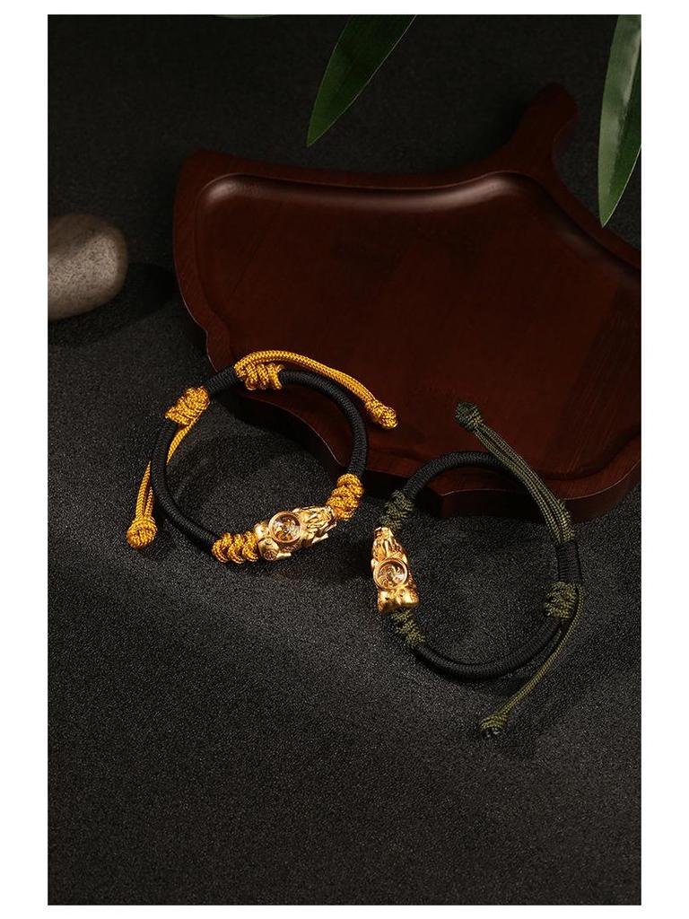 Dragon Knot Gold-Plated Silver Pixiu Bracelet - Handmade Woven Copper, Couple Style, Thai Sand Gold Design for Luck and Fortune.