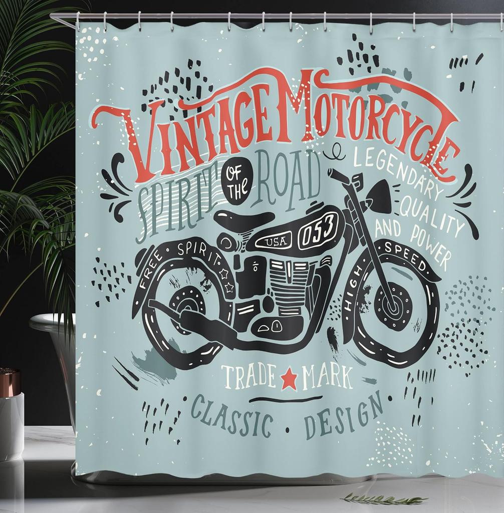 Vintage Motorrad Duschvorhang Klassisches Fahrrad Design Retro Kunst Leinen180X210