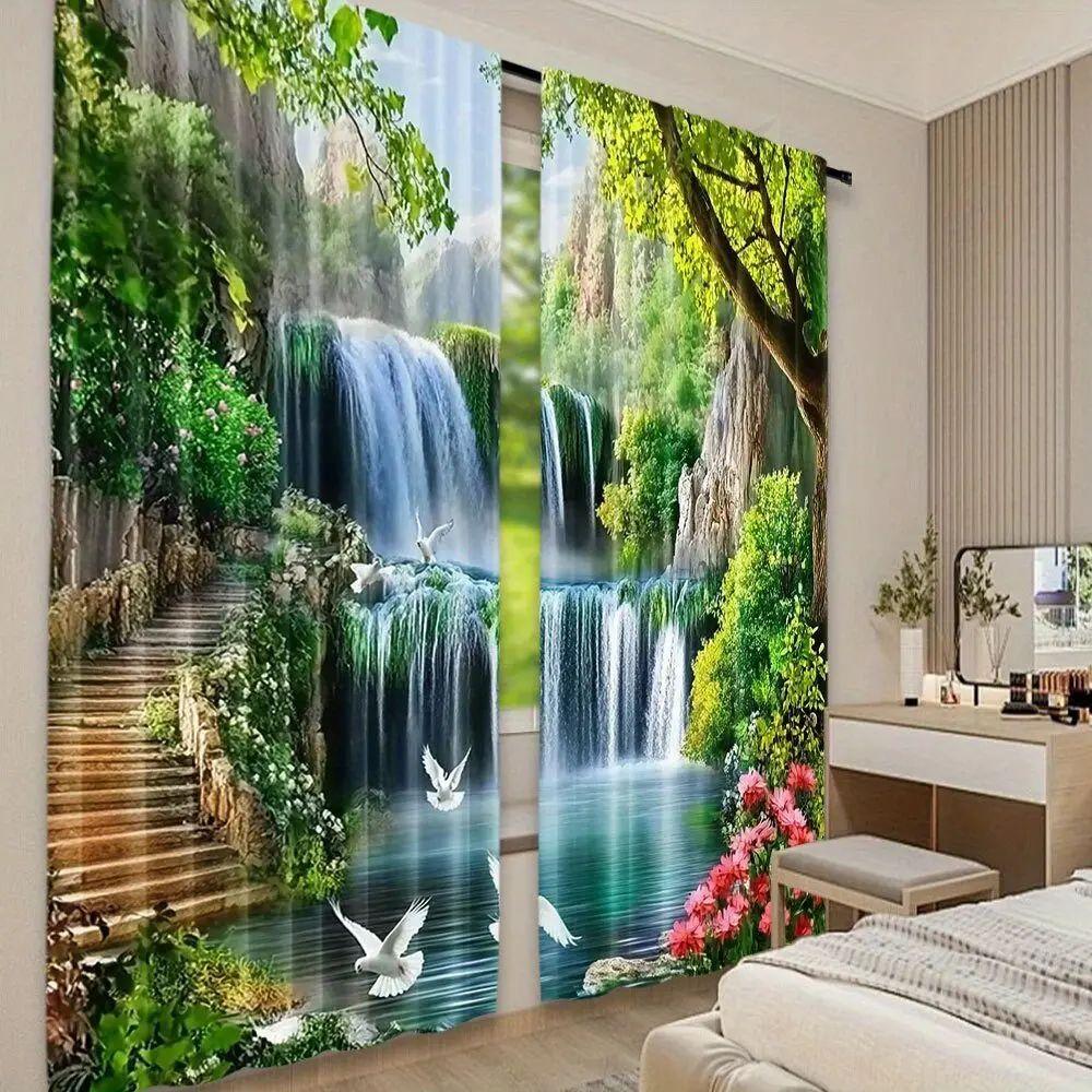 Panoramic Waterfall Forest Curtains Living Room Bedroom Bay Window Natural Decor Waterproof Made Of Polyester Machine Washable Sitting