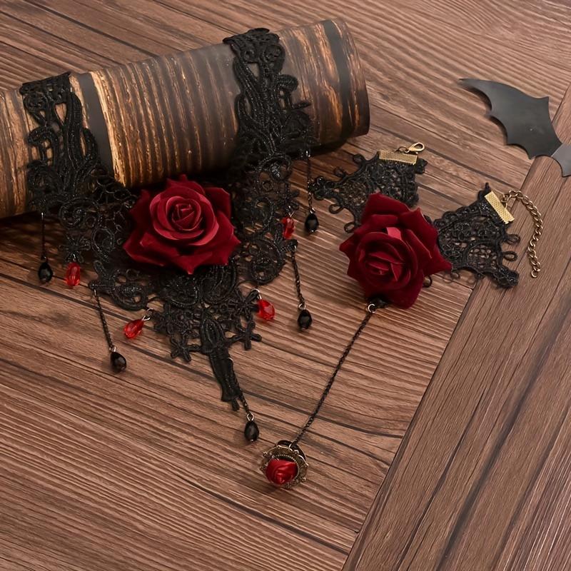[No Plating Red Roses Jewelry] Women's Dark Punk Style Lace Flower Necklace, Gothic Vintage Choker with Red Roses, All-Season, for Daily & Party Wear
