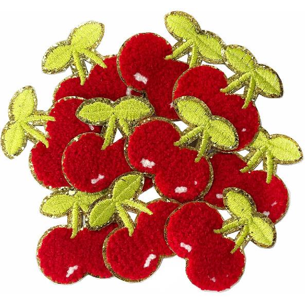 Kirsch-Chenille-Stickaufnäher Aufbügler Glitzerkante DIY Kleidung Frucht-Applikation für Kleidung Jacken T-Shirt Jeans Nähen DIY Basteln