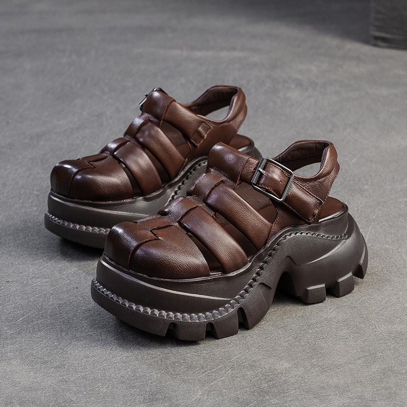 GKTINOO Round Toe Woven Breathable Hollow-out Thick Soled Sandals 2025 Summer New Casual Versatile Women's Platform Shoes