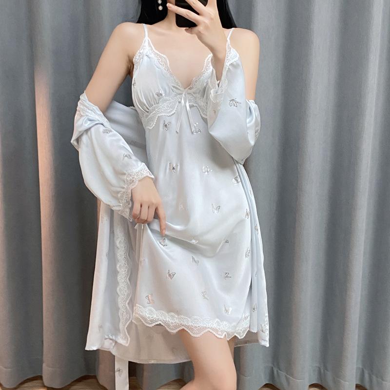 Women's Ice Silk Pajamas: Sexy Lace-Trim Nightgown with Silver Butterfly Robe & Chest Pads