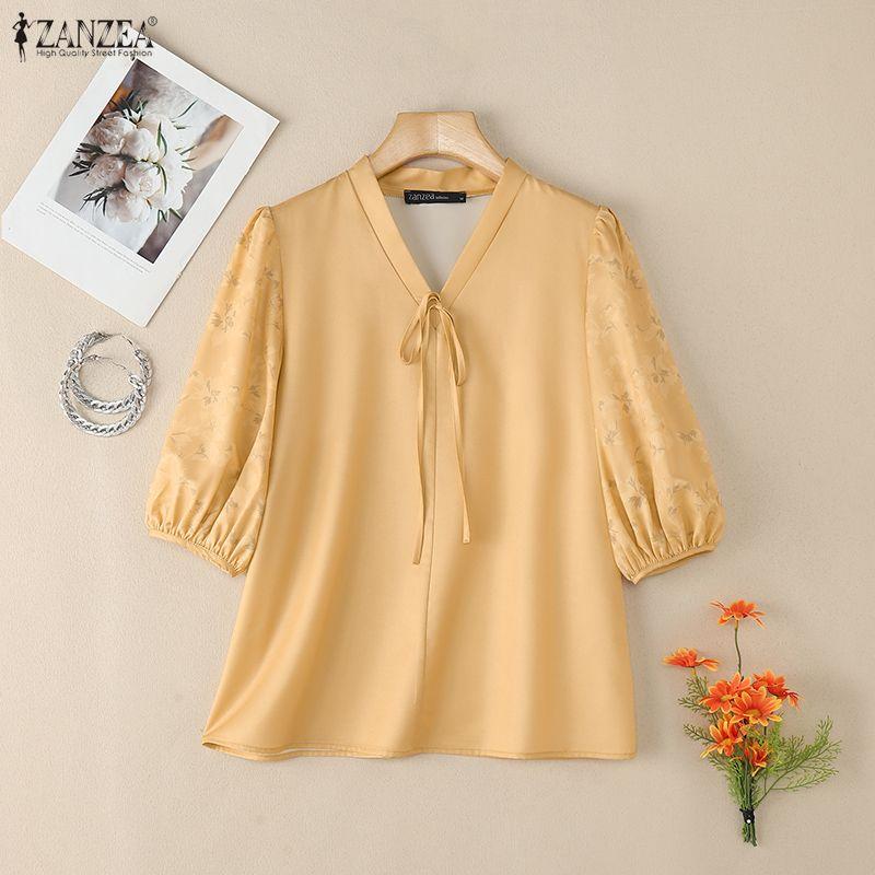 ZANZEA Women Casual V-Neck Loose Print Splice Half Sleeve Blouse