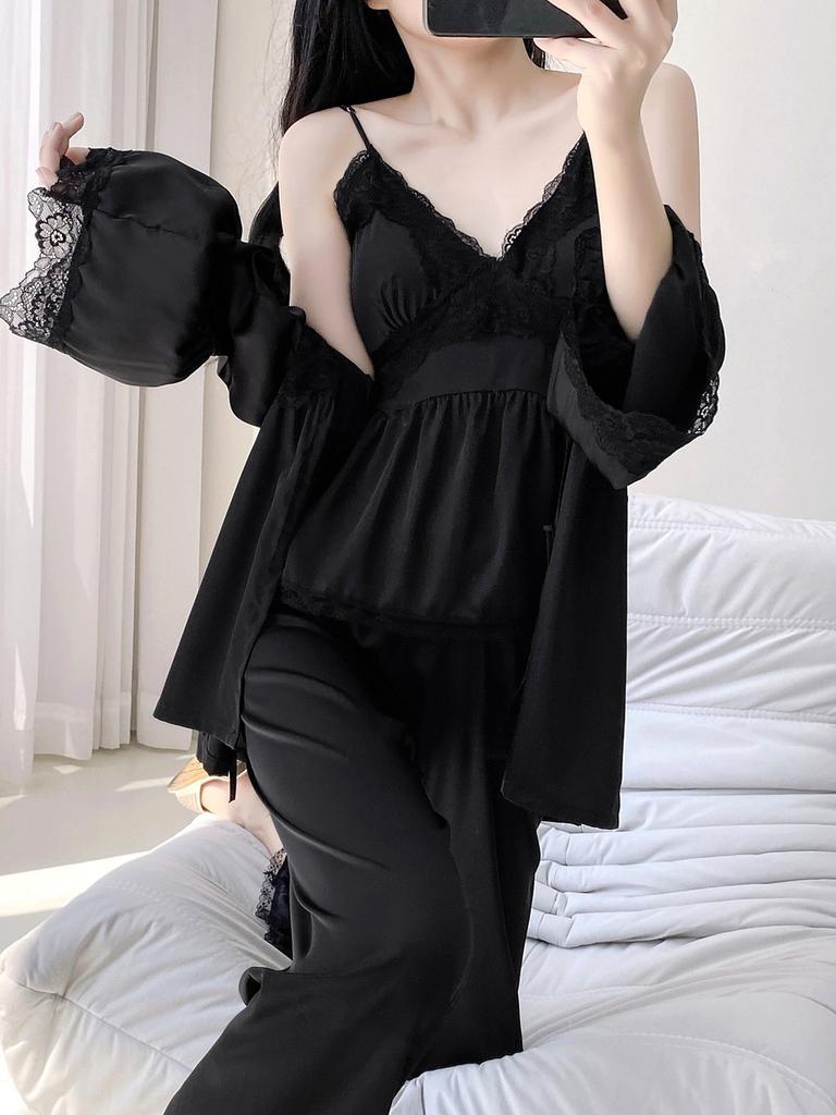Live female Xia Bingsi Zhao Ruth sexy lace pajamas three-piece set suspender long sleeve trousers homewear