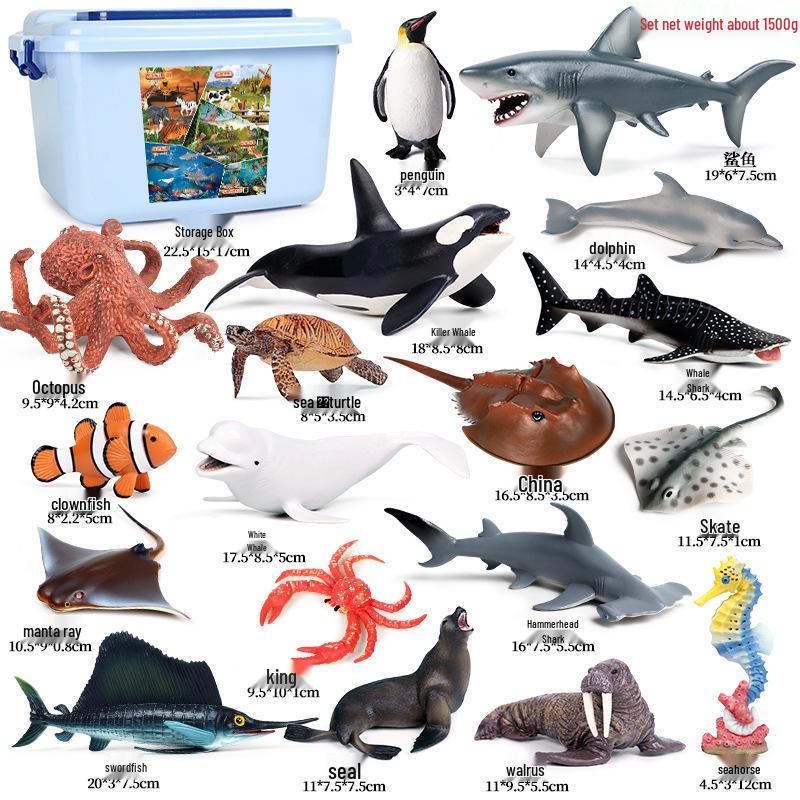 Marine Animal Simulation Model Figures: Shark, Dolphin, Hammerhead, Crab, Squid, Starfish for Kids' Education