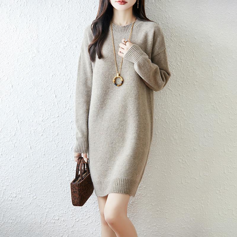 Women Sweater Dress 100% Wool MODERN NEW SAGA O-neck Knit Long Pullover Winter Jumpers Wool Long Dress Female