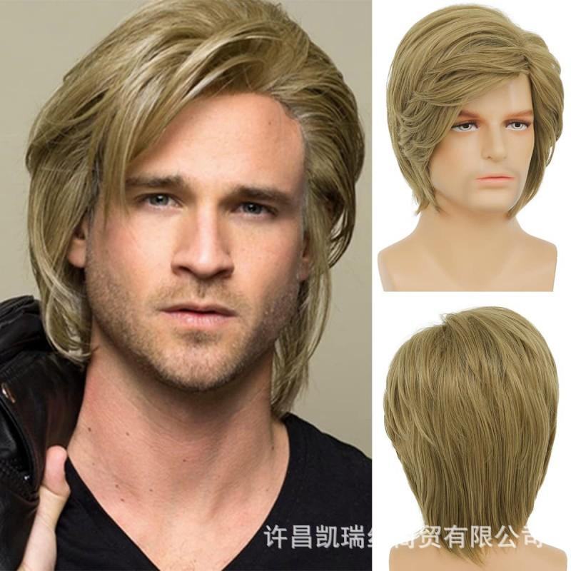 Mens Short Wig Side Part Fluffy Ash Blonde Synthetic High Temp Fiber Daily Wear