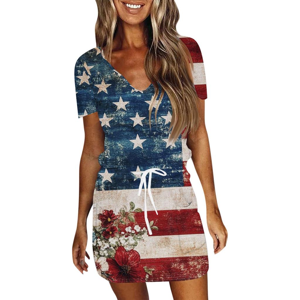 Women's Casual V-Neck Short Sleeve Drawstring Independence Day Printed Dresses
