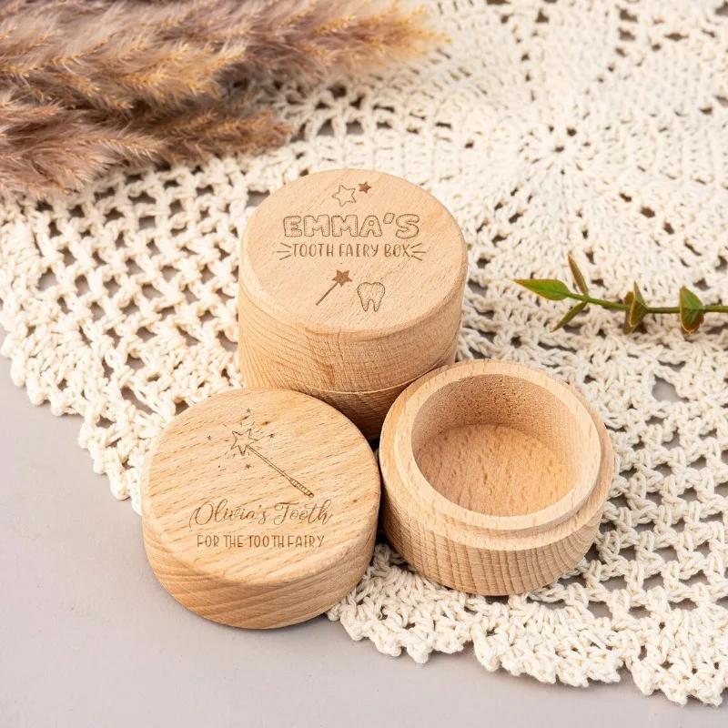 1PCS Free Personalized Tooth Fairy Wooden Box Round Tooth Fairy Holder Birthday Gift for Girls Boys Name Milk Tooth And Curl Box