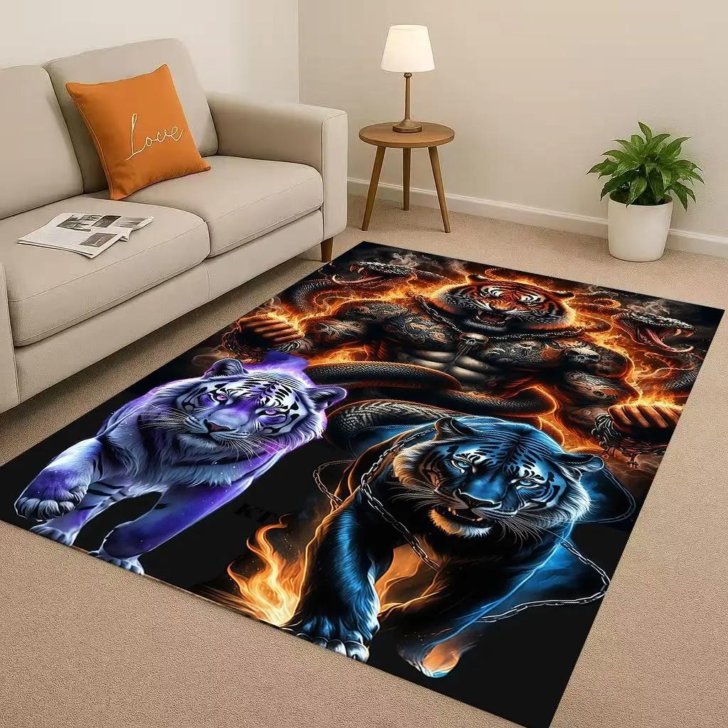 Classic Tiger Lion Beast Art Cartoon Living Room Non-Slip Area Rug Carpet For Bedroom Playroom Sofa,Home Decor Doormat Gift