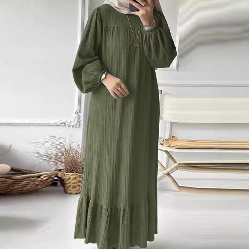 2024 Spring/Autumn Puff Sleeve Retro Ruffle Hem Dress for Muslim Women