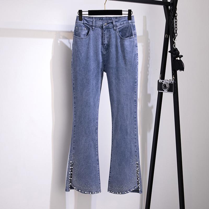 

Plus Size High Waist Rhinestone Bell Bottom Jeans - 200/300 Jin, Loose Slimming Fit, Split Nine-Point Style 4XL синий