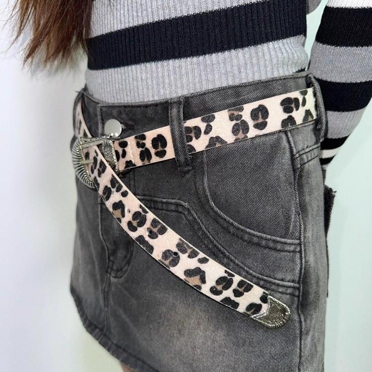 Leopard Print Pu Leather Belt With Vintage Carving And Metal Buckle For Streetwear Style