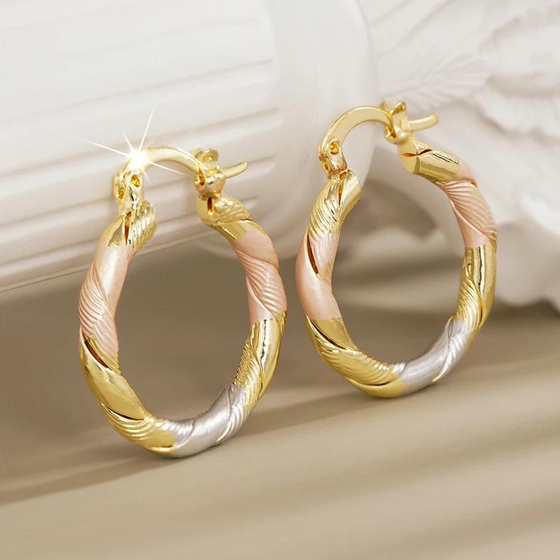 Huitan Luxury Women Three Tone Metal Hoop Earrings for Wedding Party Engagement Elegant Delicate Accessories Fashion JewelryGood Product
