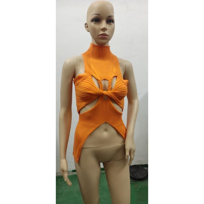 Ärmellose, ausgehöhlte Strickweste mit KnotenModisches Crop-Top mit halbhohem Kragen
