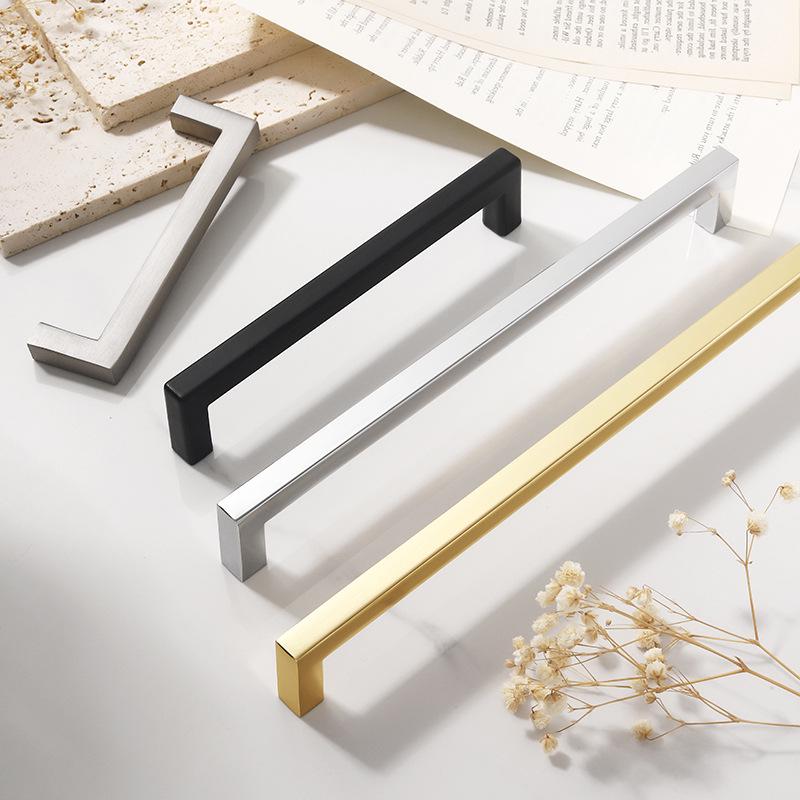 Square Bright Gold & Silver Kitchen Cabinet Handle - Modern Minimalist Black Aluminum Alloy Drawer & Wardrobe Handle