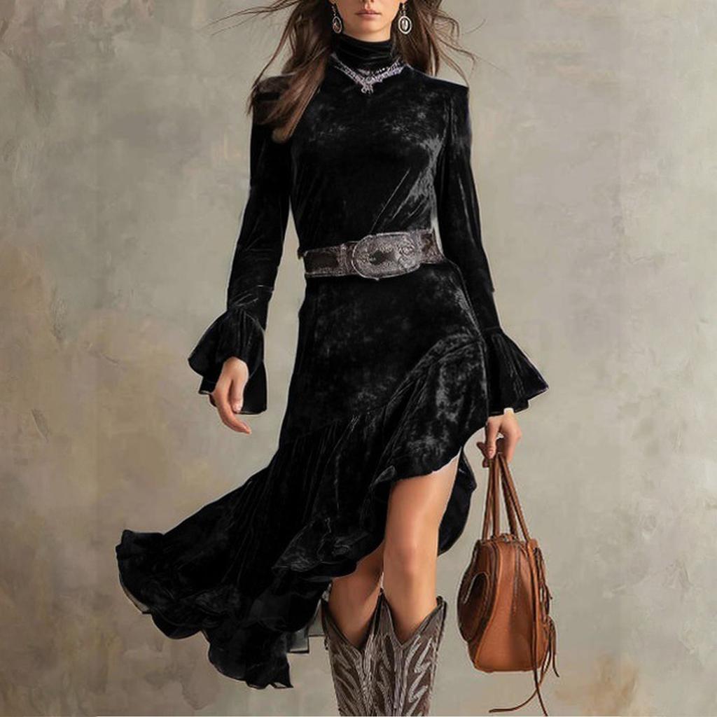 Women's Velvet Long Sleeve Tight Waist Dress Vintage High Neck Irregular Skirt Dress