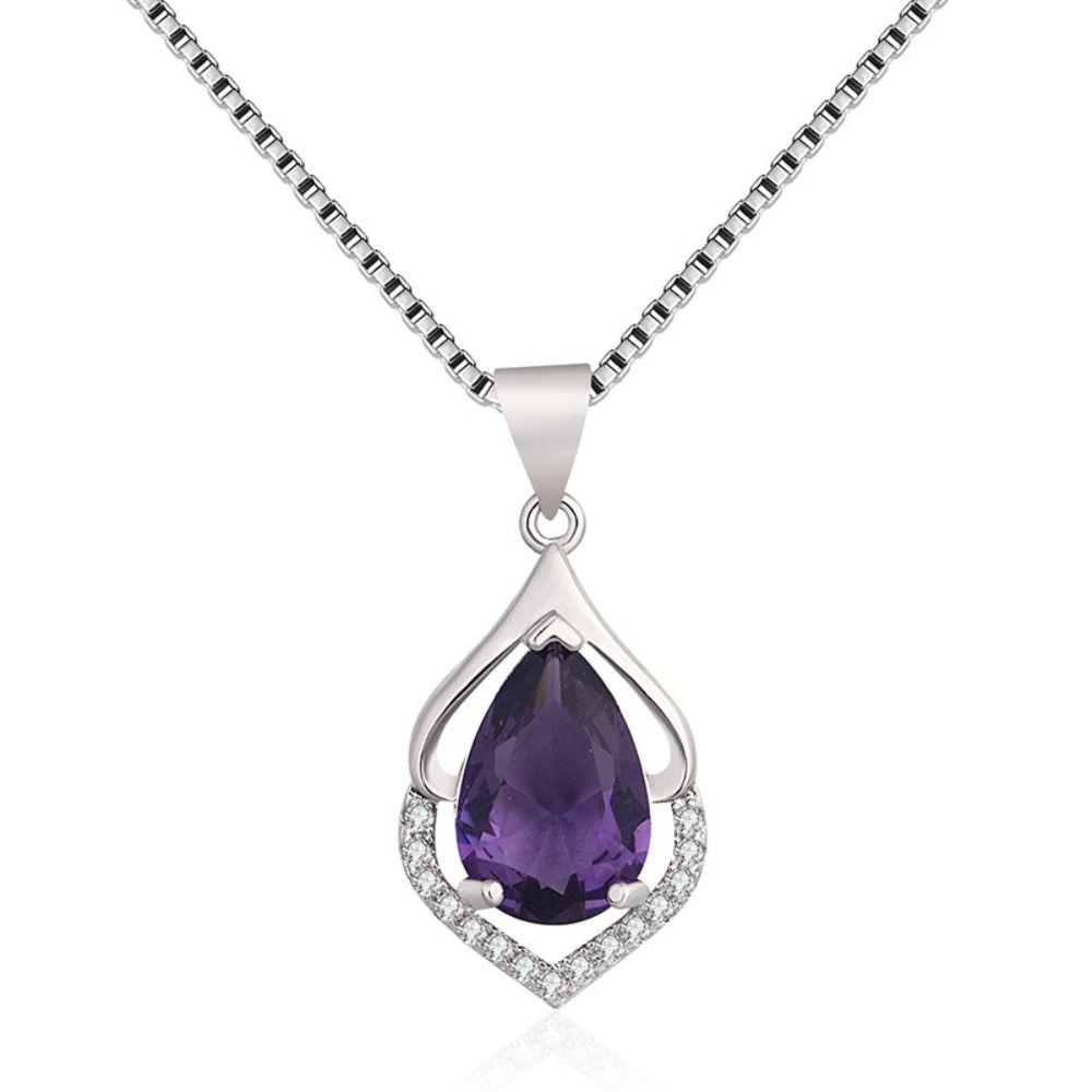 Silver Necklace Water Drop Women's Jewellery Elegant Amethyst Pendant Chain  Women Girl