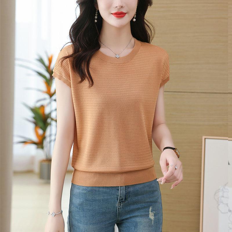 

Футболка с короткими рукавами Ice Silk, женская, закрывающая живот, летняя, новая, для мам среднего возраста, летний, тонкий свитер XXL оранжевый