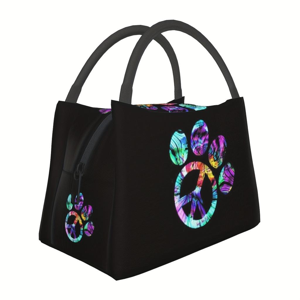 Peace Paw Print Insulated Lunch Bag Durable Polyester Tote Bag for Travel Office Picnics Unisex