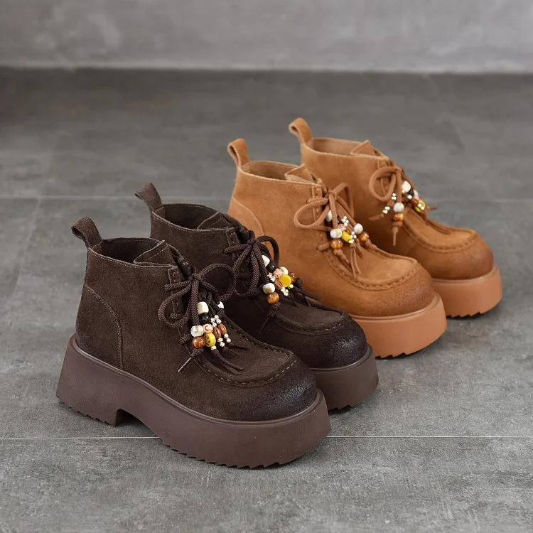 Johnature Thick Soled Handmade Beaded Round Toe Genuine Leather Short Boots Women's Lace-up Ankle Boots