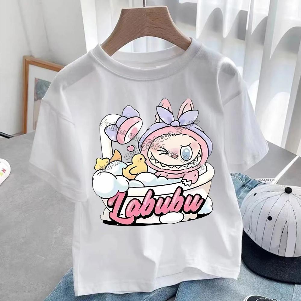Maglietta Bianca Labubu per Bambini Carina Maglietta Cartone Animato Top Anime Girocollo Manica Corta Vestiti Moda Abbigliamento Estivo per Bambini Regalo