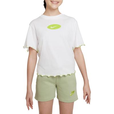Dri-FIT Color Block Logo Hem Ruffled Lace Round Neck Short Sleeve T-Shirt Kids Tops White DQ4392-100