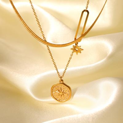 Double-layered Stacked Blade Chain Stainless Steel Necklace with Round Plaque Relief Eight-pointed Star Pendant Jewelry