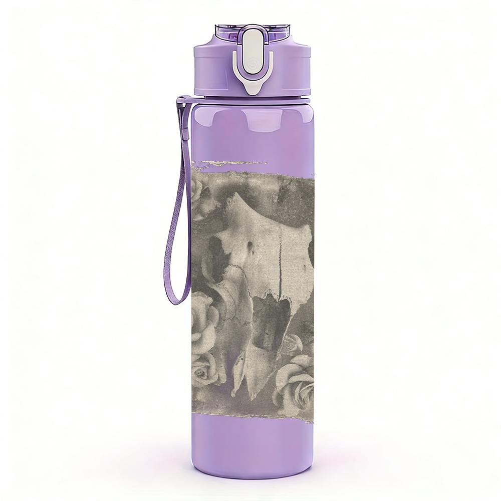 1PC Faded building monochrome sketch print 750ml colorful plastic sports water bottle leakproof pop up lid with straw for outdoor work home use