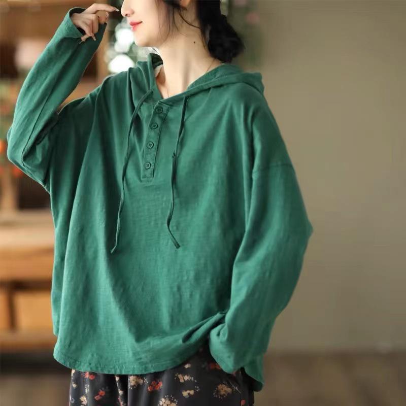2025 Spring Retro Hooded Pullover: Women's Casual Loose Fit Solid Color Long Sleeve Sweatshirt