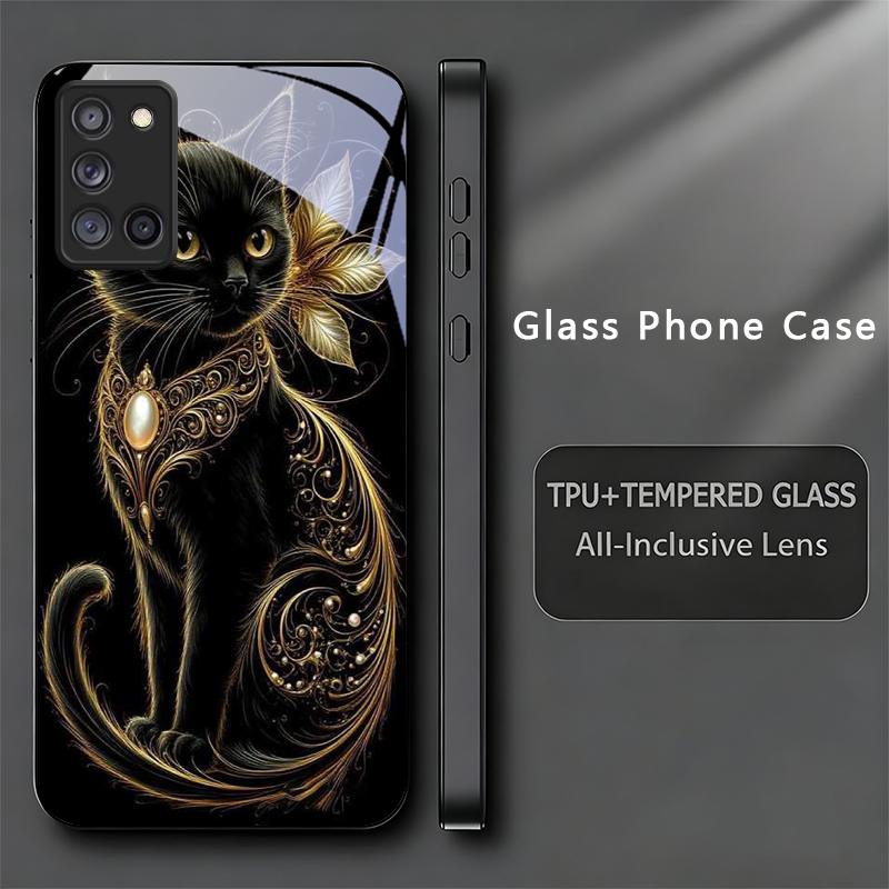 Luxury Jeweled Cat Black Phone Case For Samsung A32 A33 A34 A35 A36 A37 A51 52 52s A53 A54 A55 A56 A57 A71 A72 A73 Glass Cover
