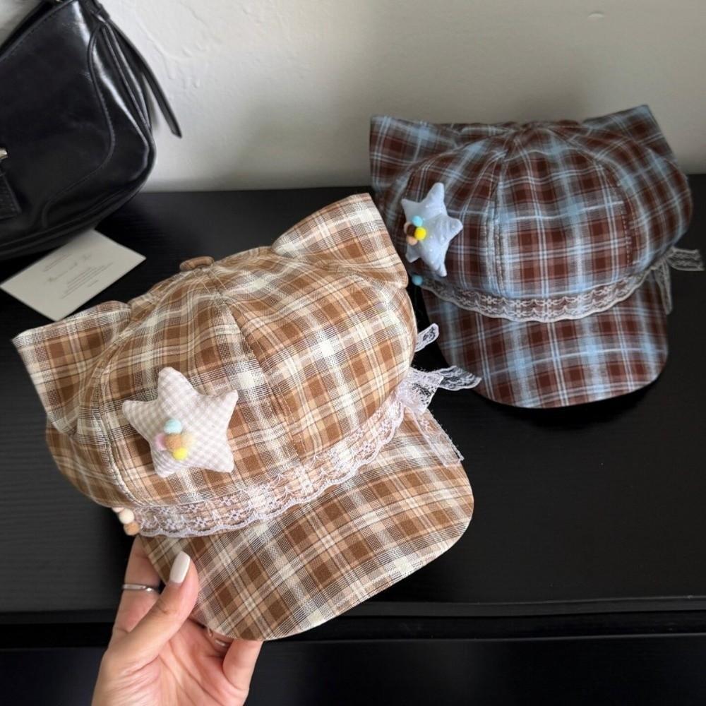 Sun Protection Plaid Octagonal Cap Stars Lace Decor Artist Hat Cute Berets Women's Fashion