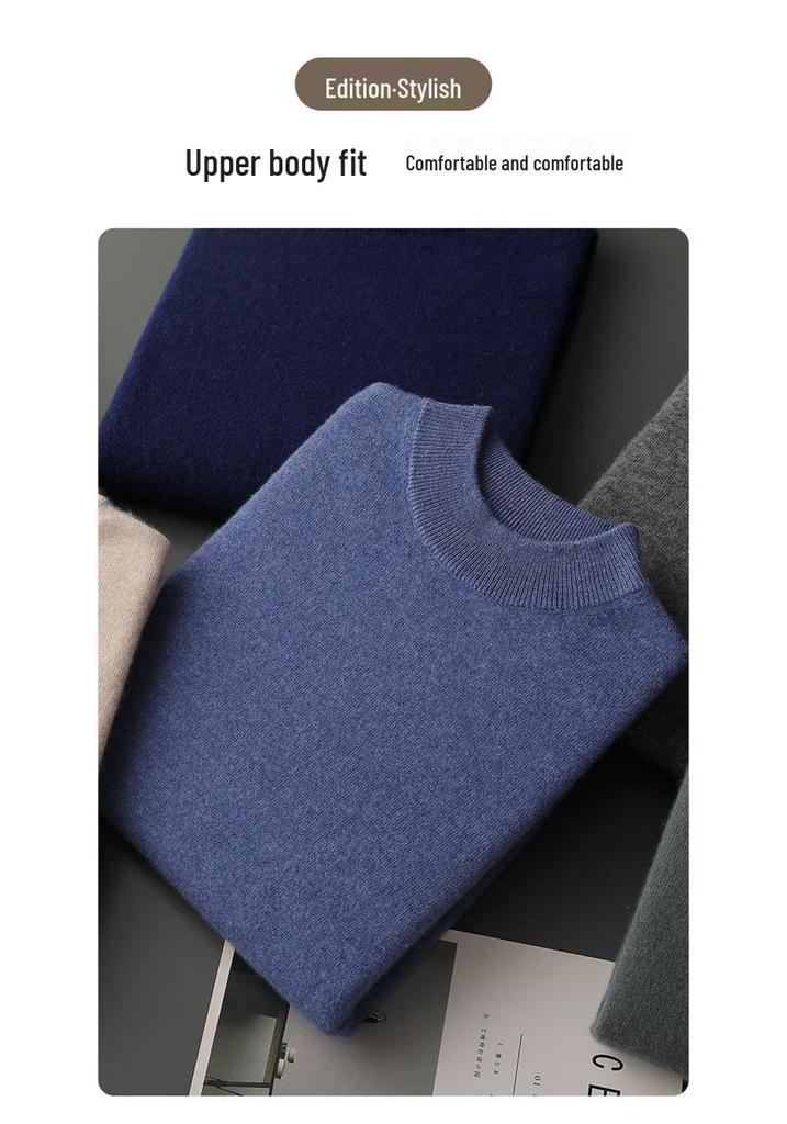 Men's Seamless Cashmere Sweater, Half-High Collar, Solid Color, Loose Fit, Plus Size, Ideal for Middle-Aged, Autumn/Winter Base Layer.