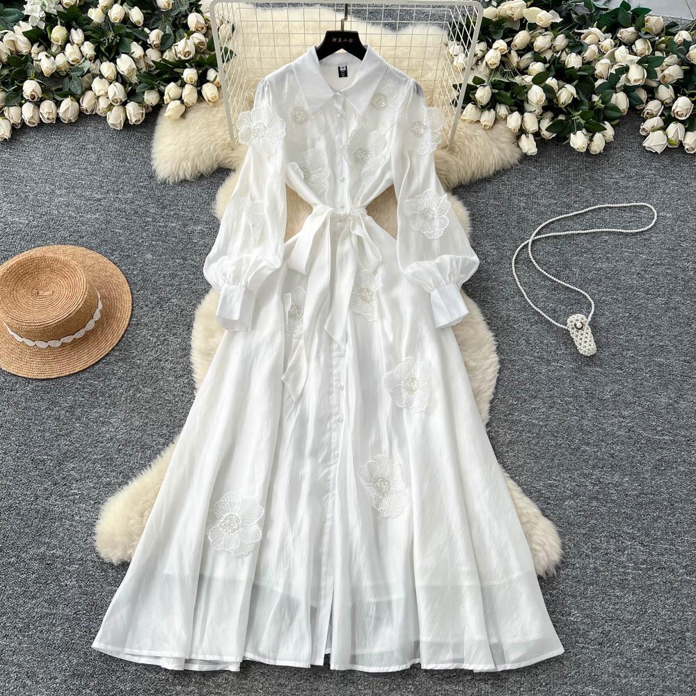 Chic Vintage Three-dimensional Single Breasted Slim Elegant Fairy Korean Fashion Boho Women Clothing Long Dress