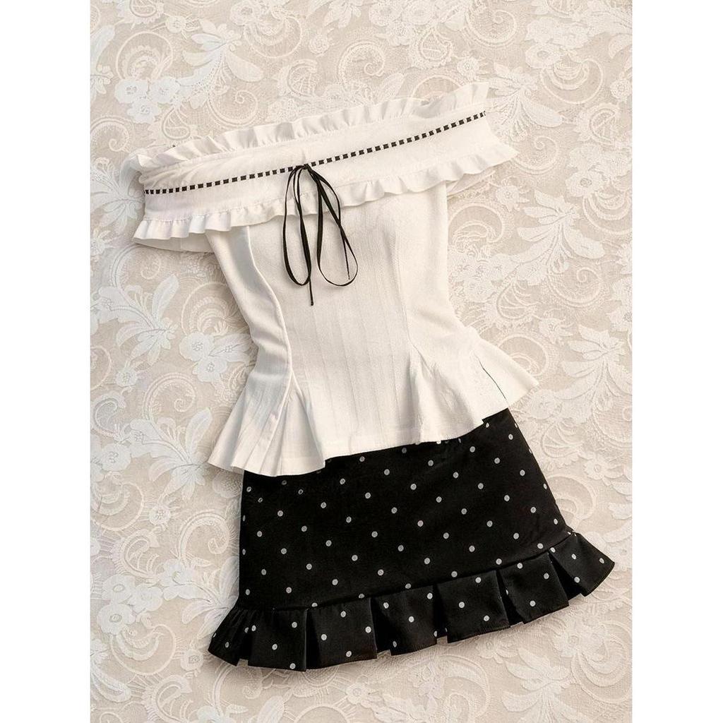 Women's Trendy Summer Set: Off-Shoulder Ruffled Top & Polka Dot High-Waisted Midi Skirt.