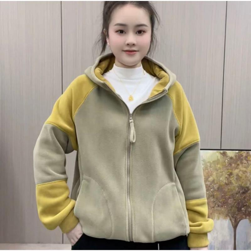 

Autumn/Winter 2026 Sherpa Fleece Hooded Cardigan: Stylish Color Block, Windproof & Warm. 2XL зелений