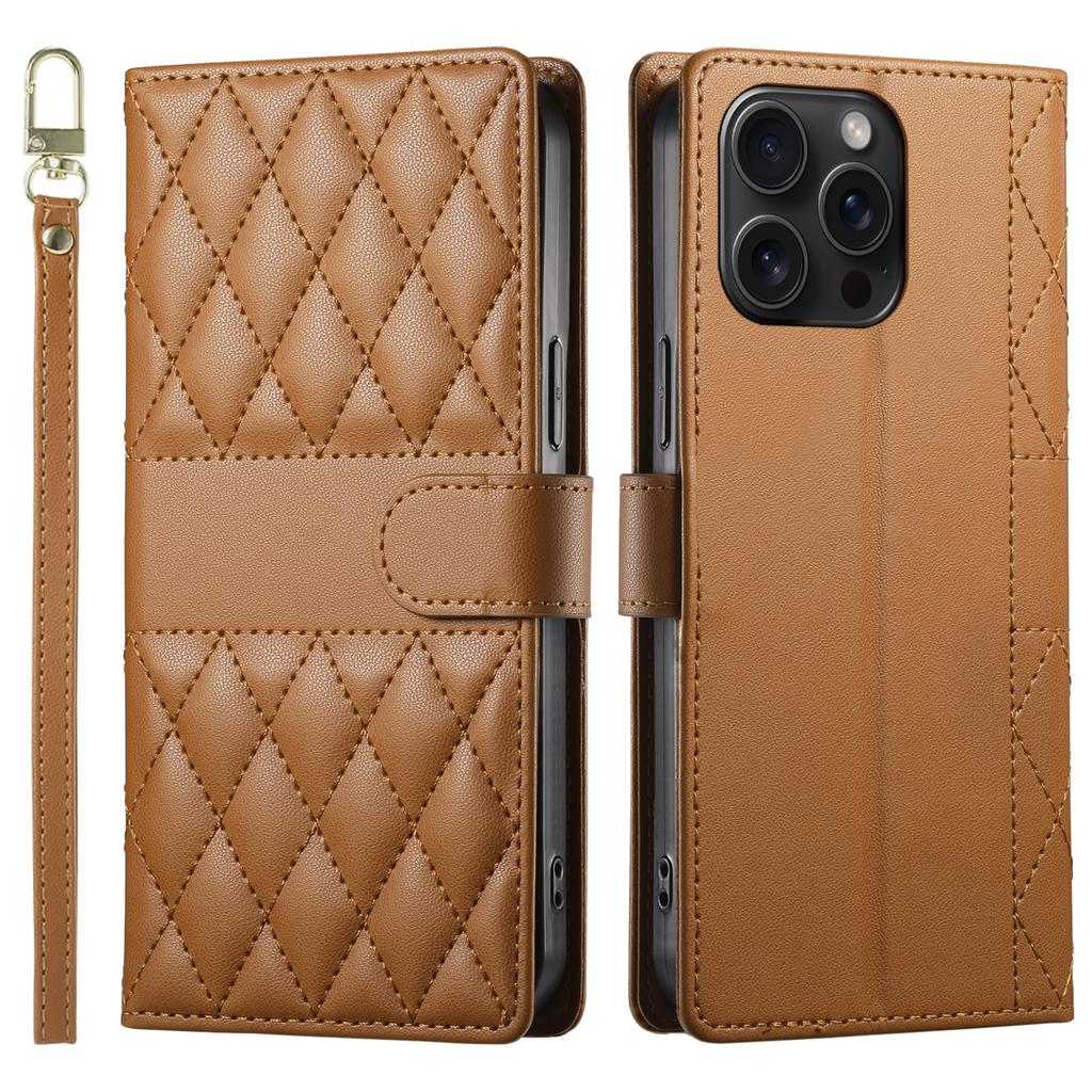 For iPhone 15 Pro Max Case Rhombus Stitching Wallet Stand Leather Phone Cover with Long/Short Strap