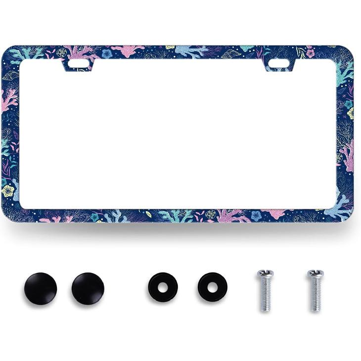Blue Boho Flowers License Plate Frame Stainless Steel Holder 12.2" X 6.2" | Cute Floral License Plate Personalise Auto Parts for Men Women Car