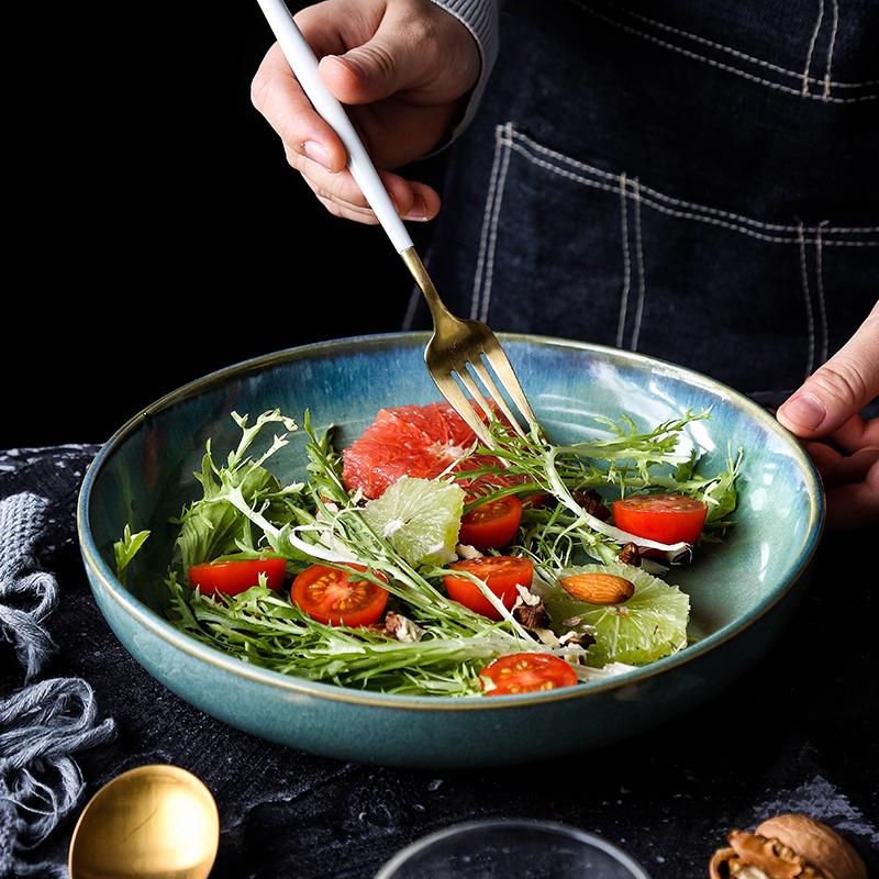 Japanese Ceramic Deep Plate, Round dish, Soup plate, Family Salad Fruit Plate Procelain Large plate