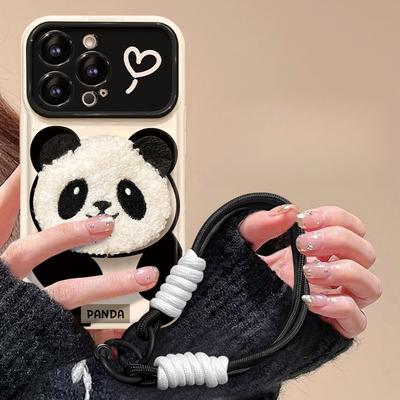 Applicable To Apple 15 Mobile Phone Case IPhone 13/14promax Plush Panda Doll Lanyard 11 Flip Mirror